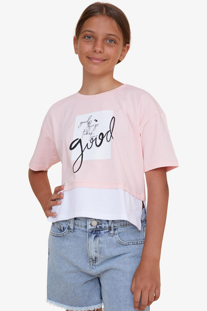 BRE Breeze Girl Child Crop T-Shirt with Printed Text and Side Slits, 94 Years, Pink - San Juan Capistrano