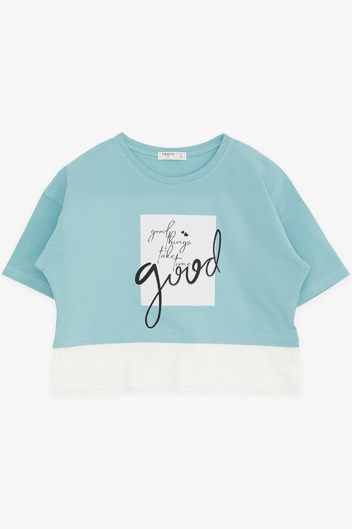 BRE Breeze Girl Child Crop T-Shirt with Printed Text and Side Slits, 94 Years, Mint Green - Enfield