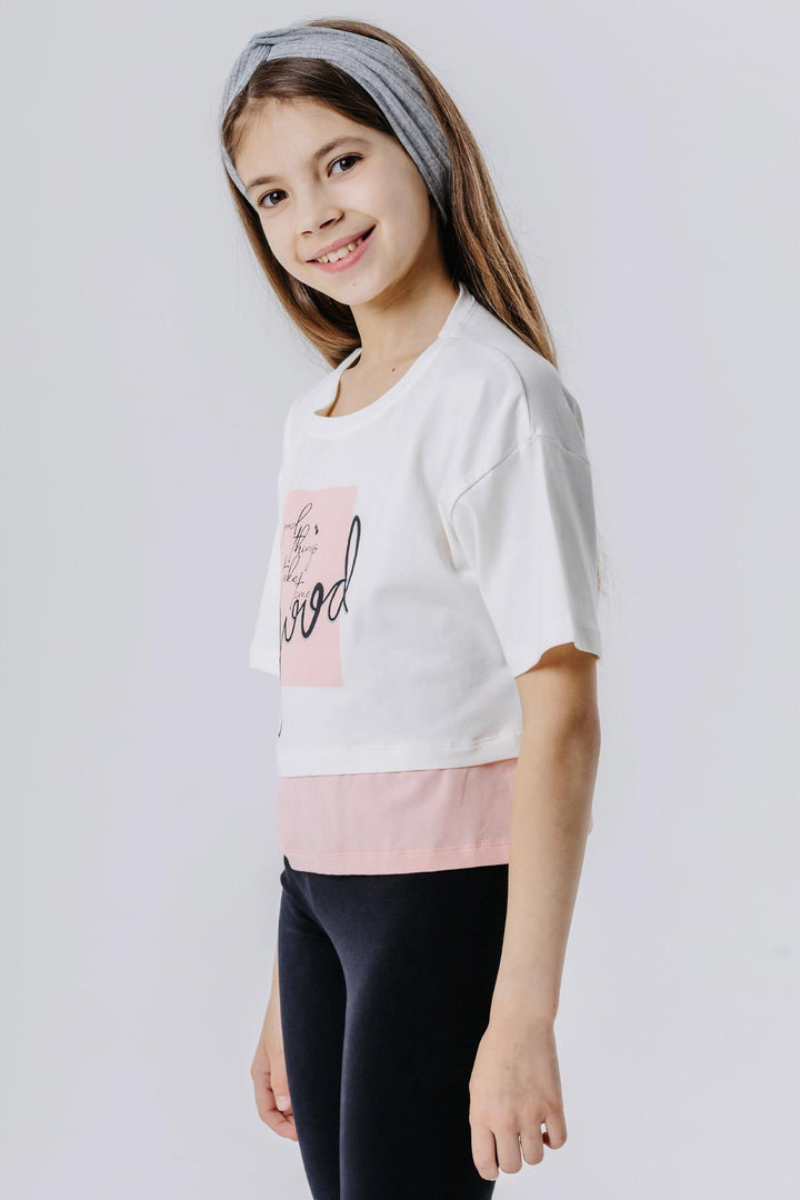 BRE Breeze Girl Child Crop T-Shirt with Printed Text and Side Slits, 94 Years, Ecru - Borken