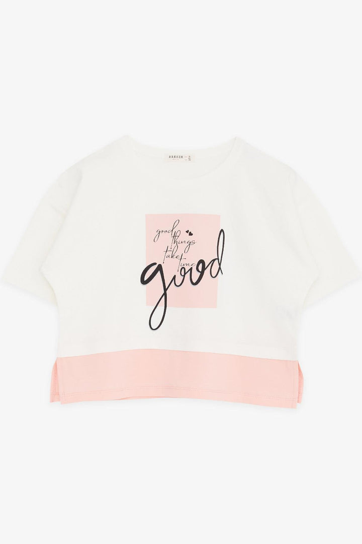 BRE Breeze Girl Child Crop T-Shirt with Printed Text and Side Slits, 94 Years, Ecru - Borken