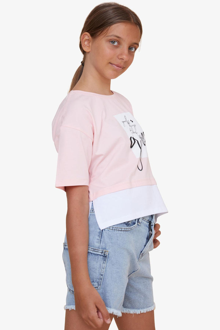 BRE Breeze Girl Child Crop T-Shirt with Printed Text and Side Slits, 94 Years, Pink - San Juan Capistrano