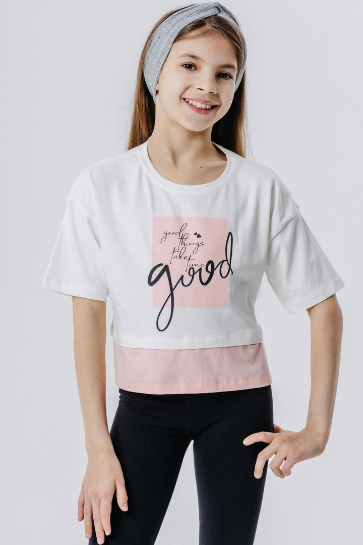 BRE Breeze Girl Child Crop T-Shirt with Printed Text and Side Slits, 94 Years, Ecru - Borken