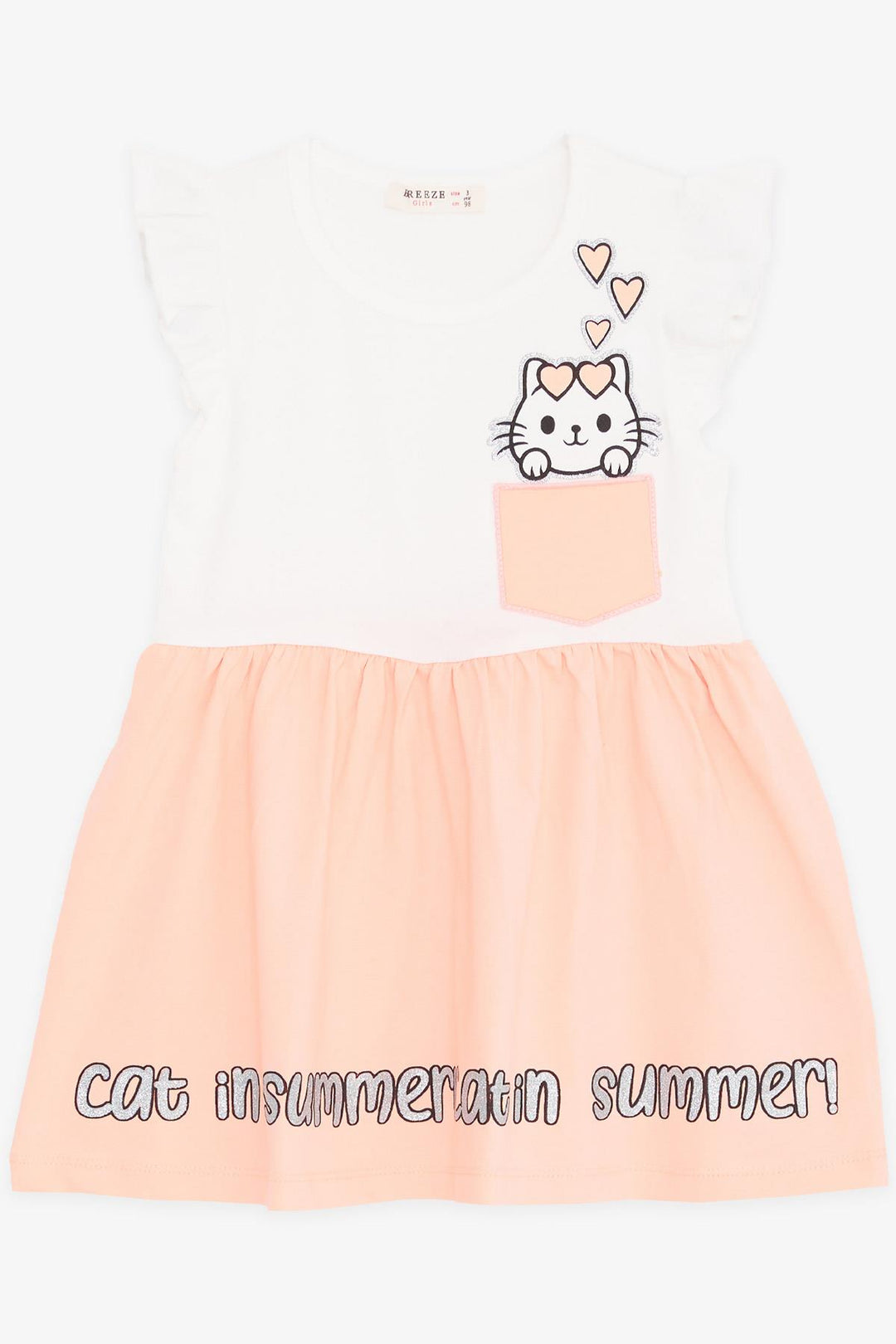 BRE Breeze Girl's Dress with Pocket, Glittery Cat Print, 1.5-5 Years, Beige - Luxembourg