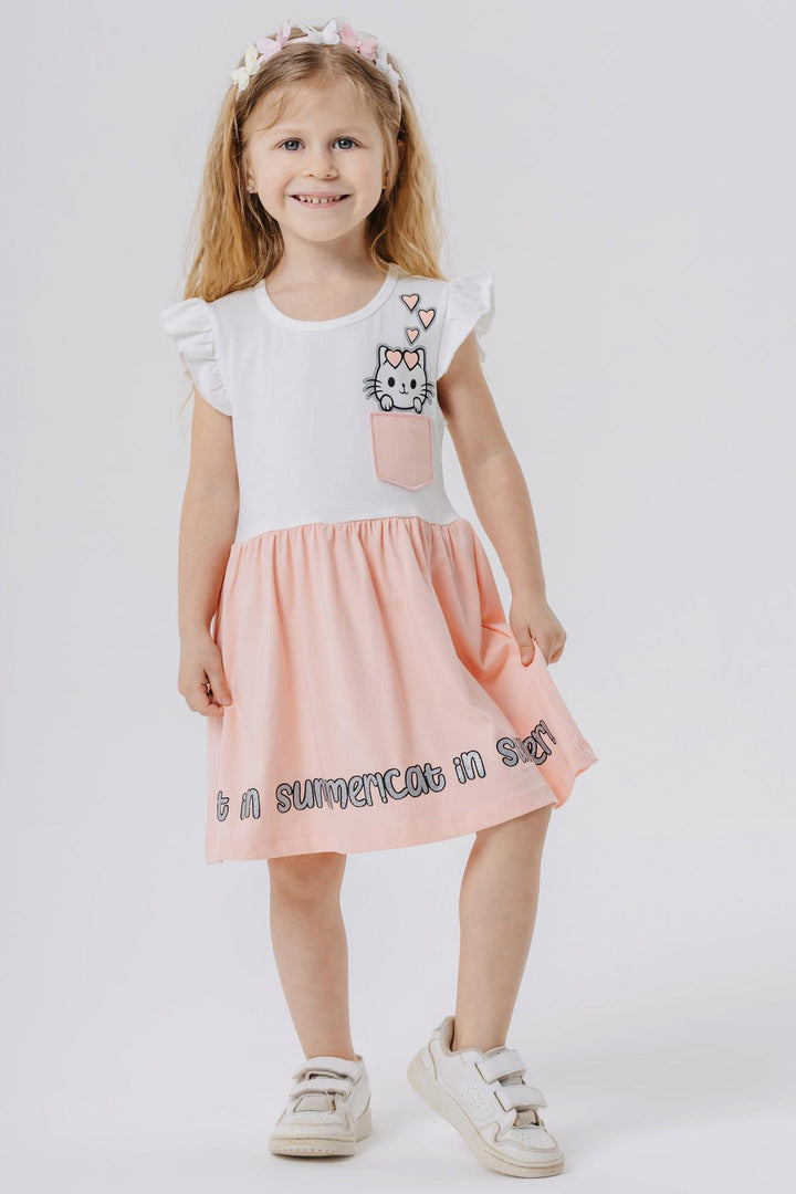 BRE Breeze Girl's Dress with Pocket, Glittery Cat Print, 1.5-5 Years, Beige - Luxembourg