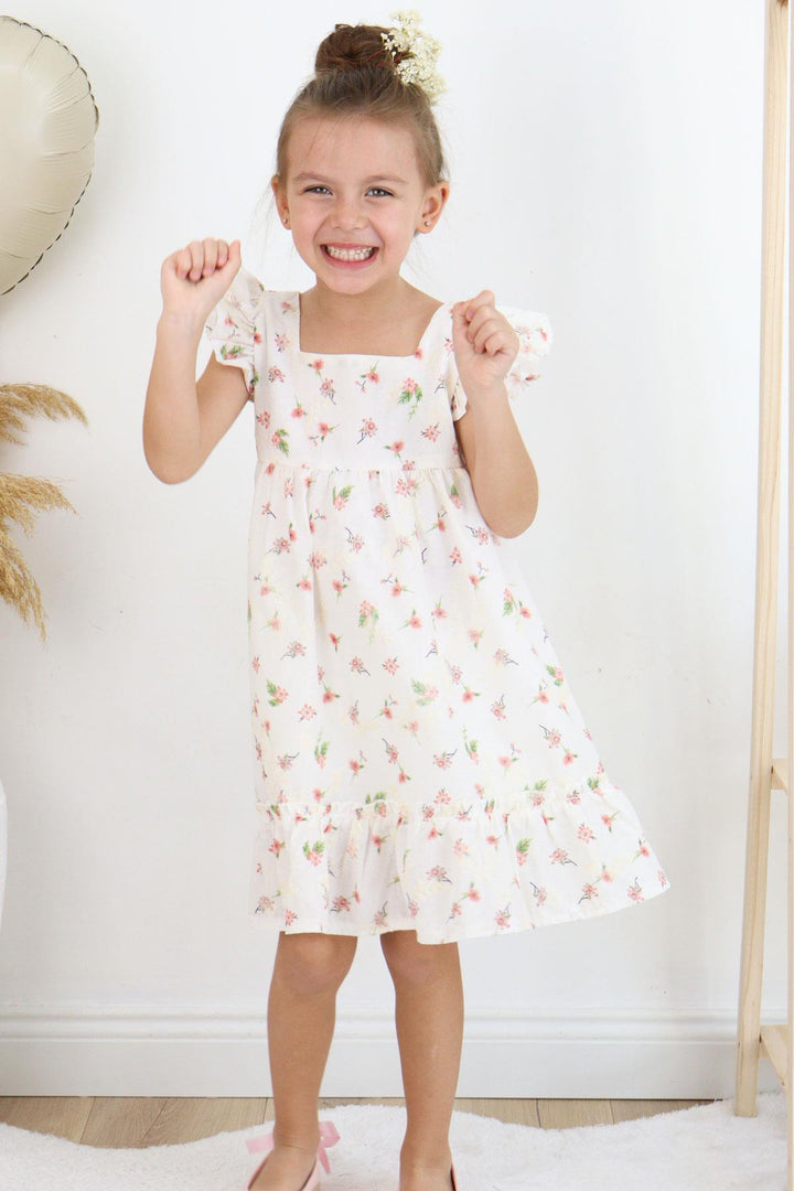 BRE Breeze Girl Dress Floral Ruffled Embroidered 2-6 Years, Ecru - London