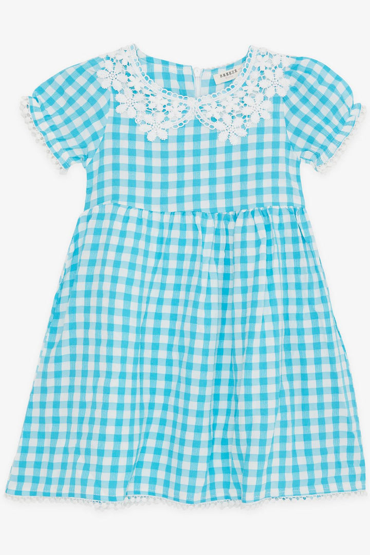 BRE Breeze Girl's Dress Plaid Patterned with Lace, 2-6 Years, Turquoise - Pozzuoli