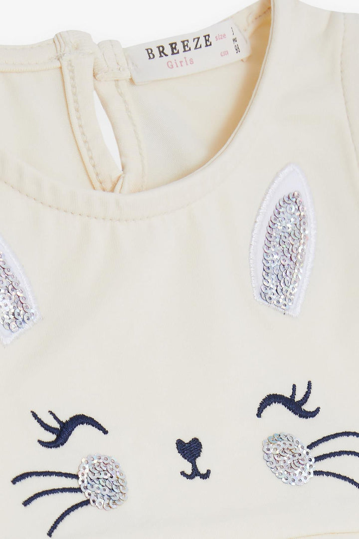 BRE Breeze Girl's Dress with Embroidery Sequined Cute Kitten Print 1.5-5 Years, Cream - Moncada