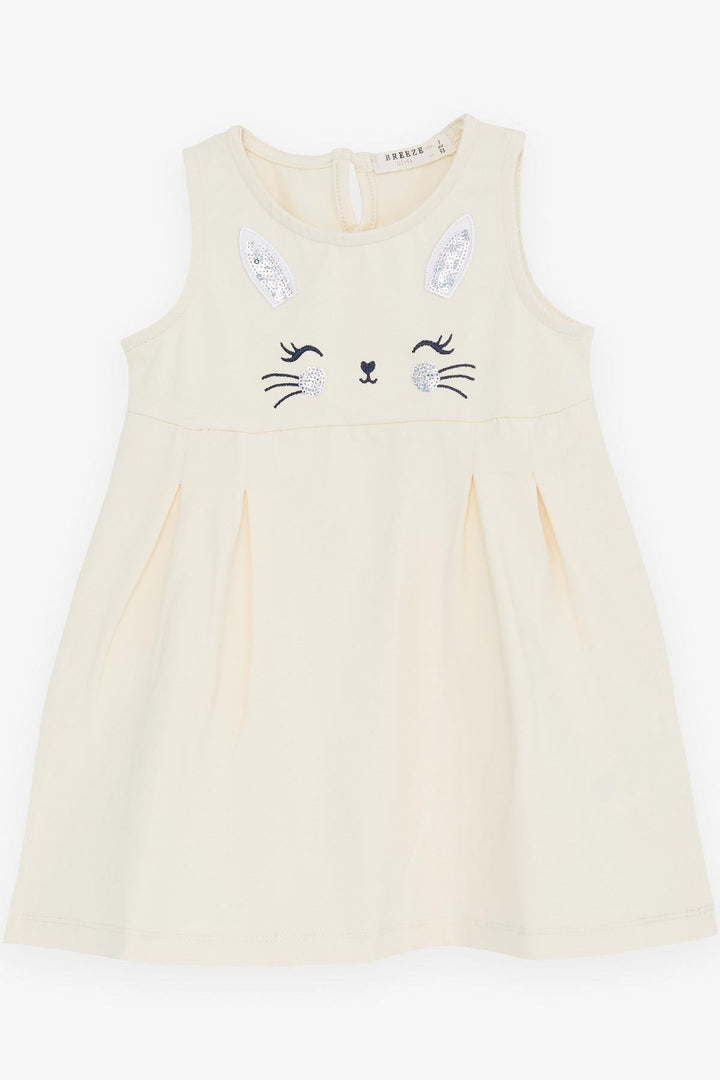 BRE Breeze Girl's Dress with Embroidery Sequined Cute Kitten Print 1.5-5 Years, Cream - Moncada