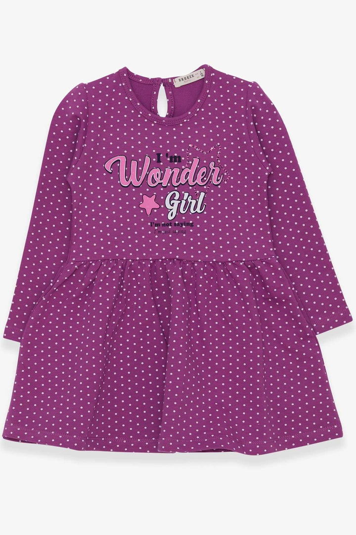 BRE Breeze Girl's Dress with Polka Dot Pattern and Printed Text, 3-7 Years, Purple - Cambridge