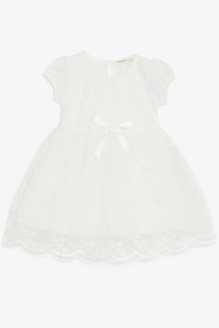 BRE Breeze Girl's Dress with Tulle Embroidery and Bow, 1.5-5 Years, Ecru - Antibes