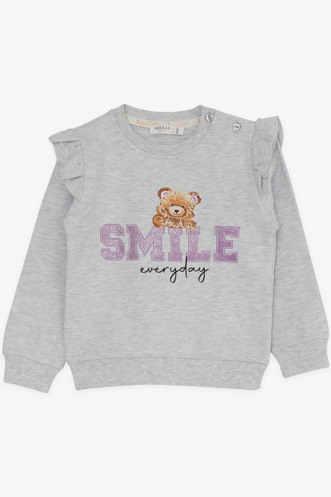 BRE Breeze Girl Child Tracksuit with Bear Printed Shiny Text 1.5-5 Years, Light Grey Melange - Reus