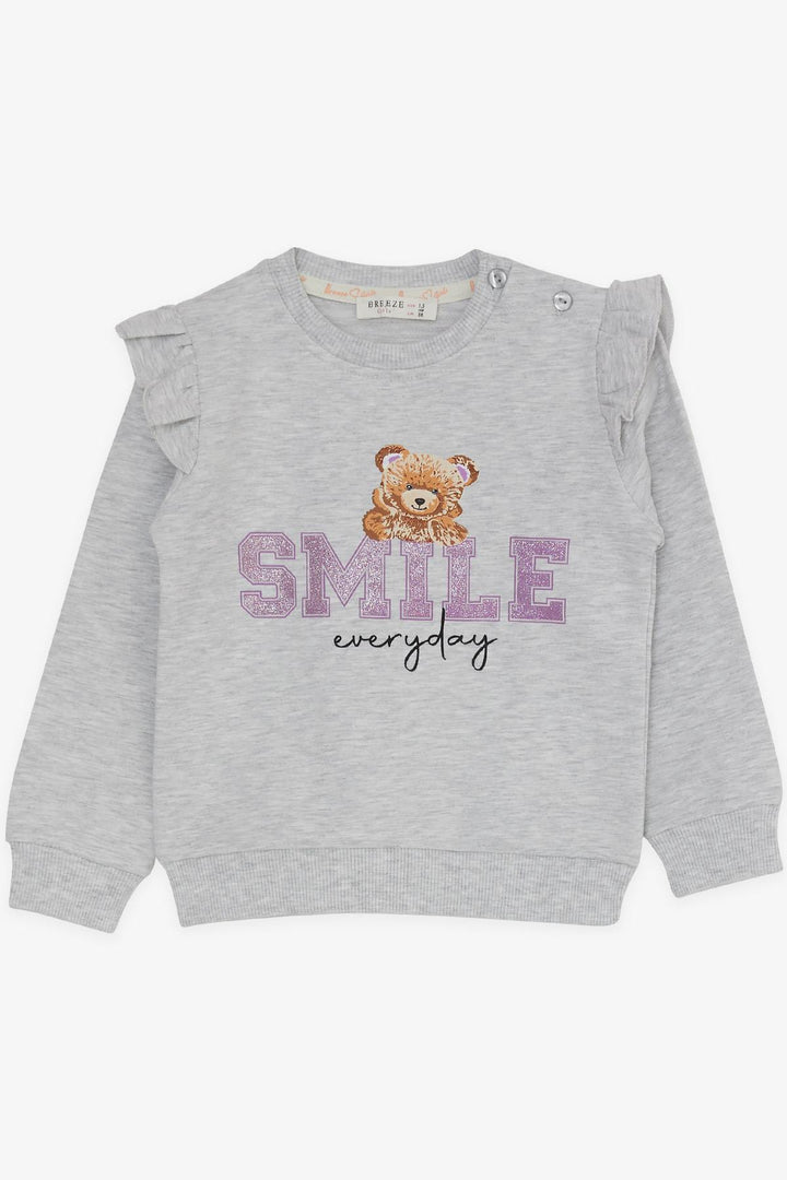 BRE Breeze Girl Child Tracksuit with Bear Printed Shiny Text 1.5-5 Years, Light Grey Melange - Reus