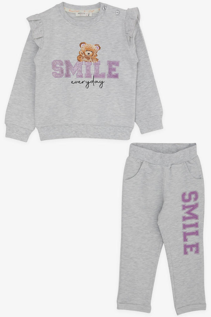 BRE Breeze Girl Child Tracksuit with Bear Printed Shiny Text 1.5-5 Years, Light Grey Melange - Reus