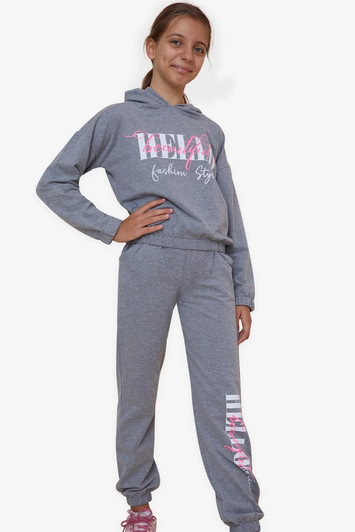 BRE Breeze Girl's Tracksuit with Glittery Printed Text 84 Years, Dark Grey Melange - Lehi