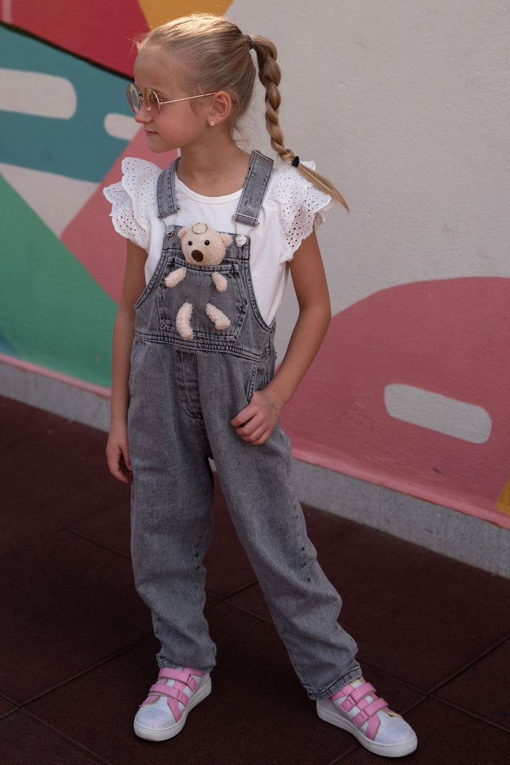 BRE Breeze Girl's Child Denim Overall with Bear Accessory, 4-8 Years, Anthracite - Acambay