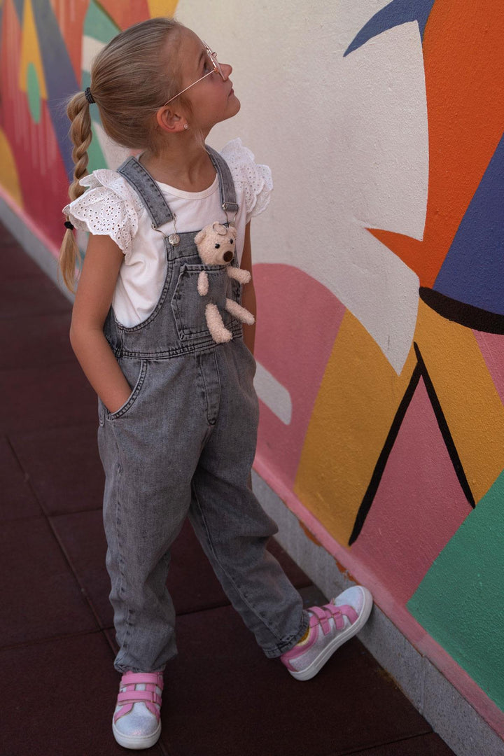 BRE Breeze Girl's Child Denim Overall with Bear Accessory, 4-8 Years, Anthracite - Acambay