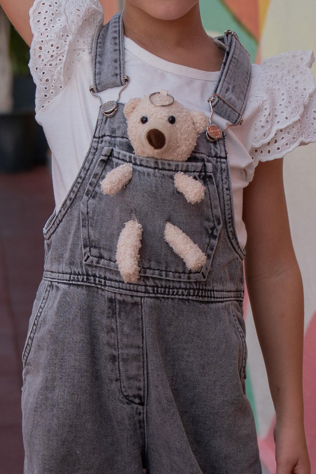 BRE Breeze Girl's Child Denim Overall with Bear Accessory, 4-8 Years, Anthracite - Acambay