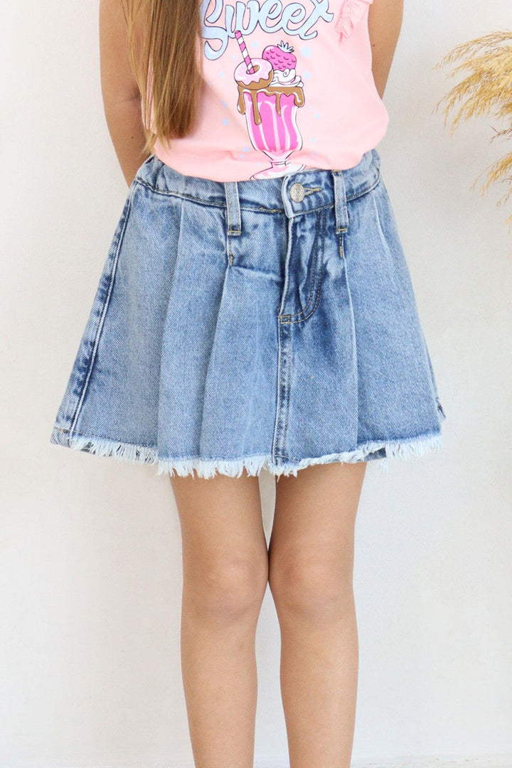 BRE Breeze Girl Child Denim Shorts Skirt Pleated Fringed 5-9 Years, Blue - Padova