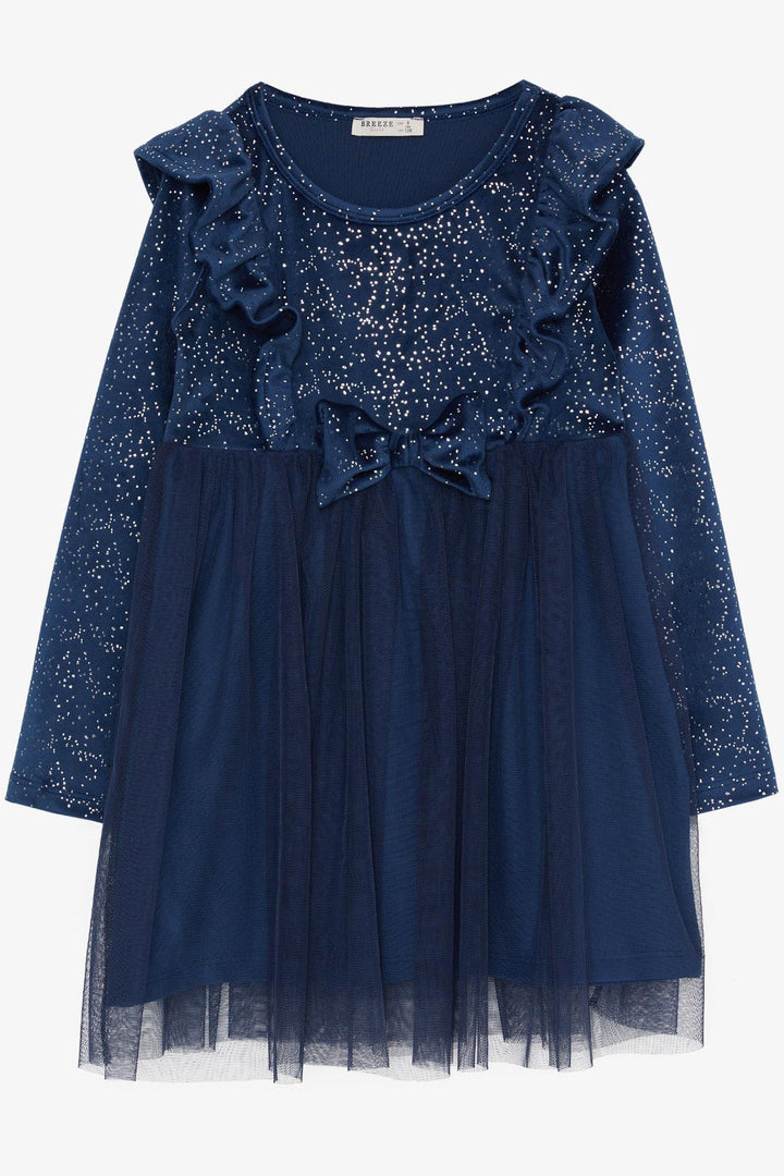 BRE Breeze Girl Child Velvet Dress with Bow and Glittery Tulle, 4-8 Years, Navy Blue - Ratingen