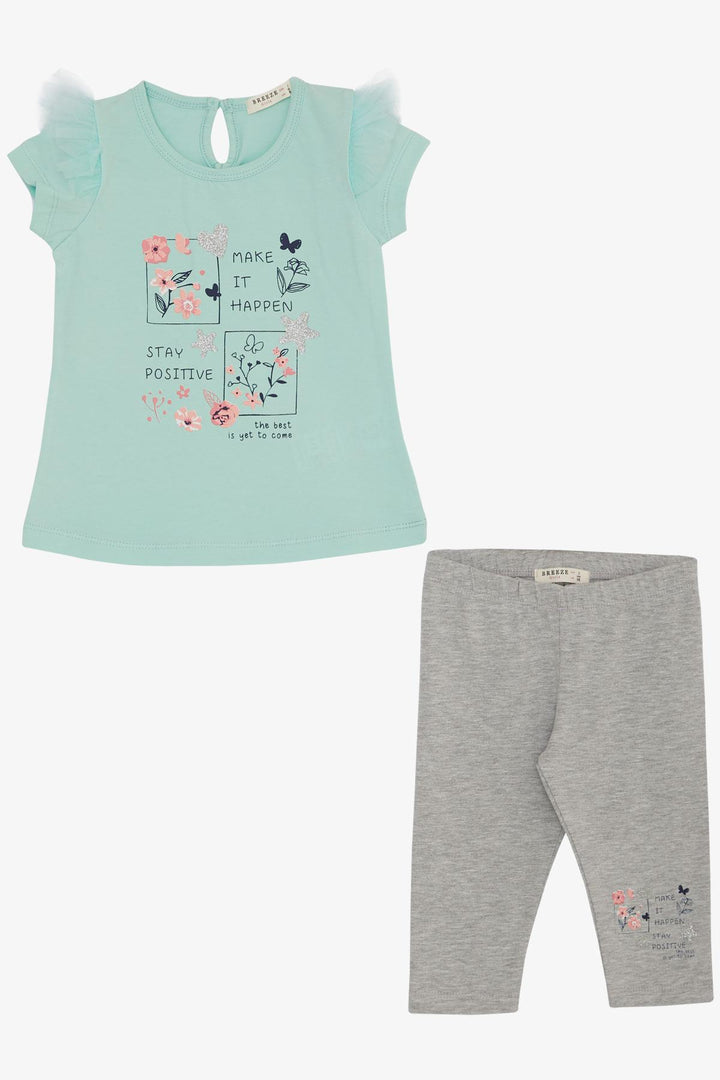 BRE Breeze Girl Child Capri Leggings with Flower Print Shoulders Tulle 1.5-5 Years, Aqua Green - Leamington