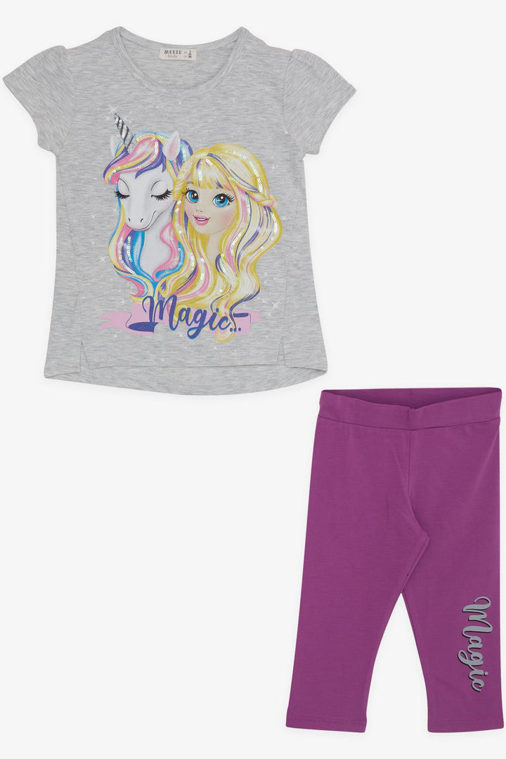 BRE Breeze Girl Capri Leggings Set with Unicorn Print, 3-8 Years, Gray - DeKalb