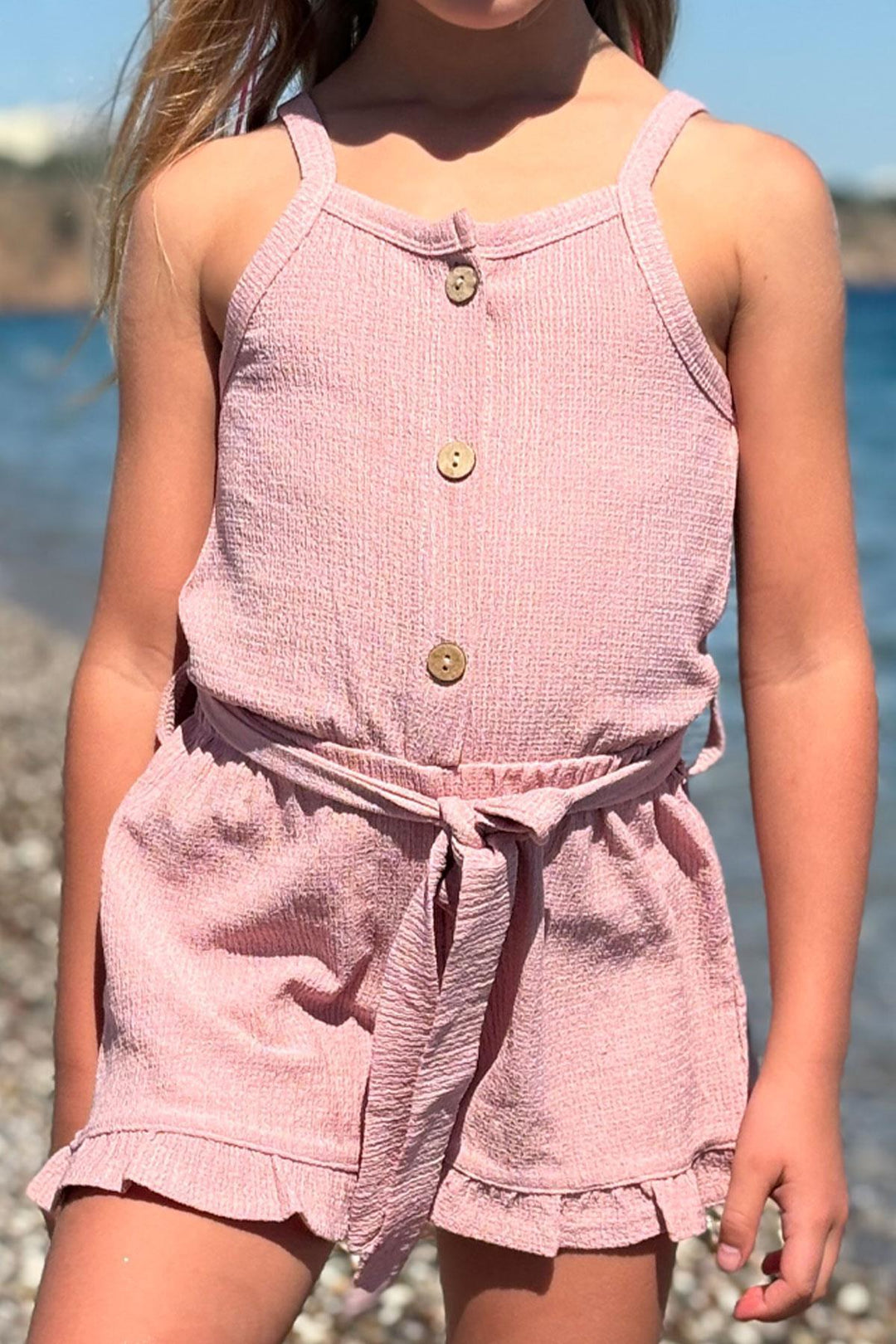 BRE Breeze Girl's Short Overall with Buttoned Waist Belt, 4-9 Years, Rose Pink - Benton