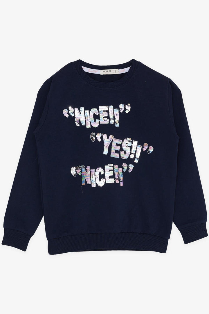 BRE Breeze Girl's Sweatshirt with Sequin Printed Text 84 Years, Navy Blue - Brighton