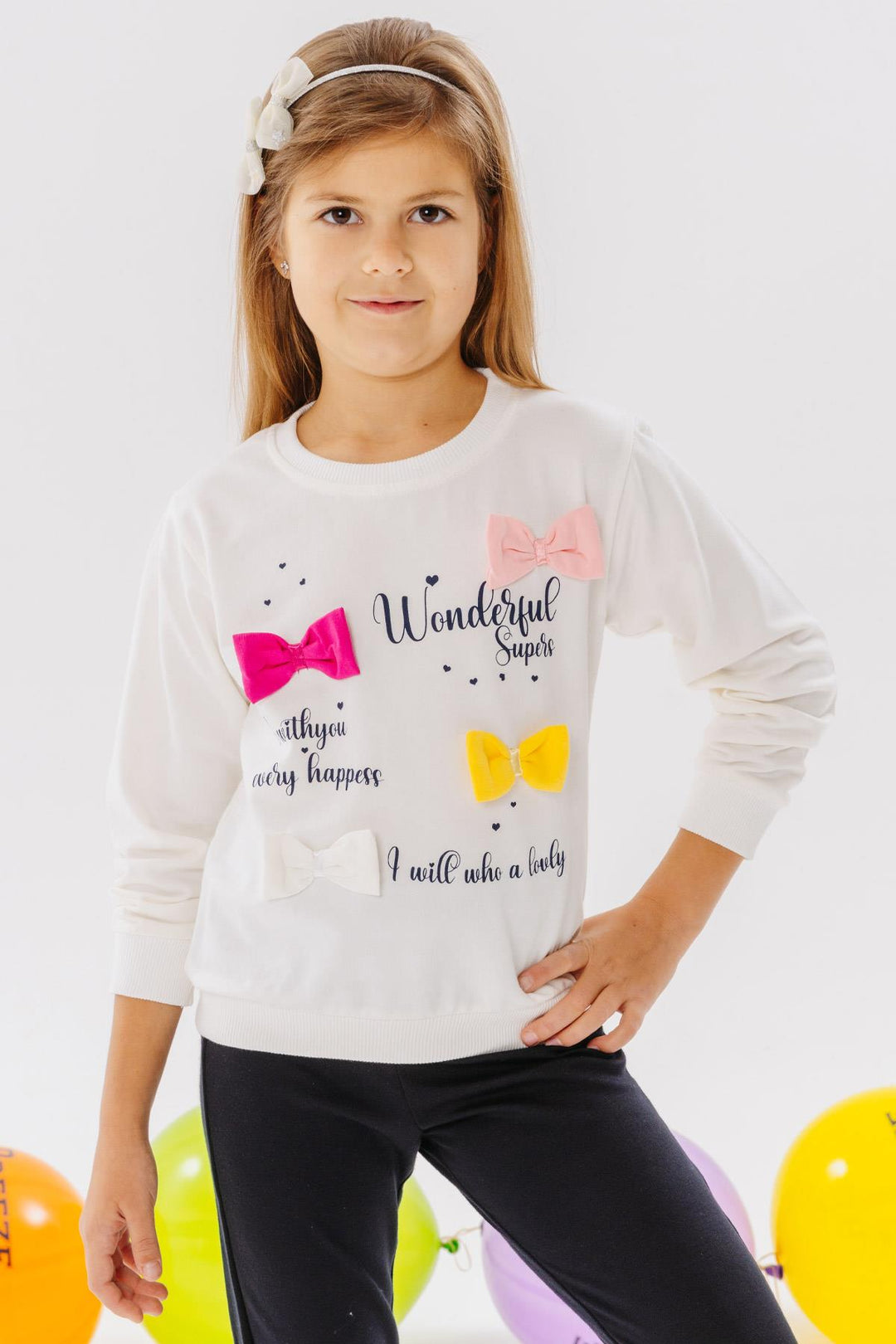 Bree Breeze Girl Child Sweathirt Clorful Bowcsoried Printed Text 3-8 лет, Ecru - Mettmann