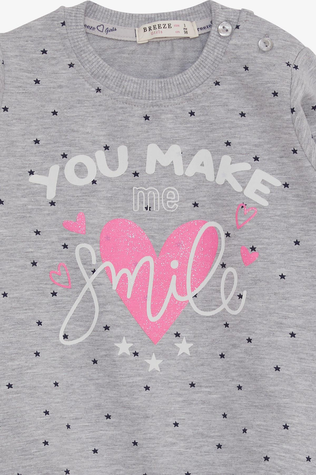 BRE Breeze Girl Child Sweatshirt with Glitter Heart Print, 2-6 Years, Grey Melange - Manhattan