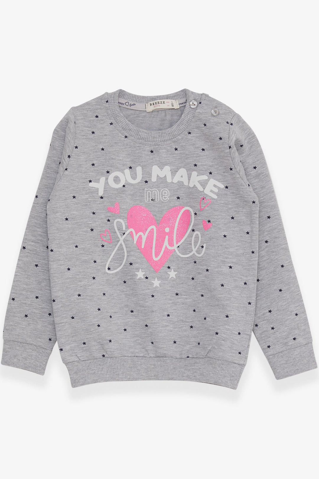 BRE Breeze Girl Child Sweatshirt with Glitter Heart Print, 2-6 Years, Grey Melange - Manhattan