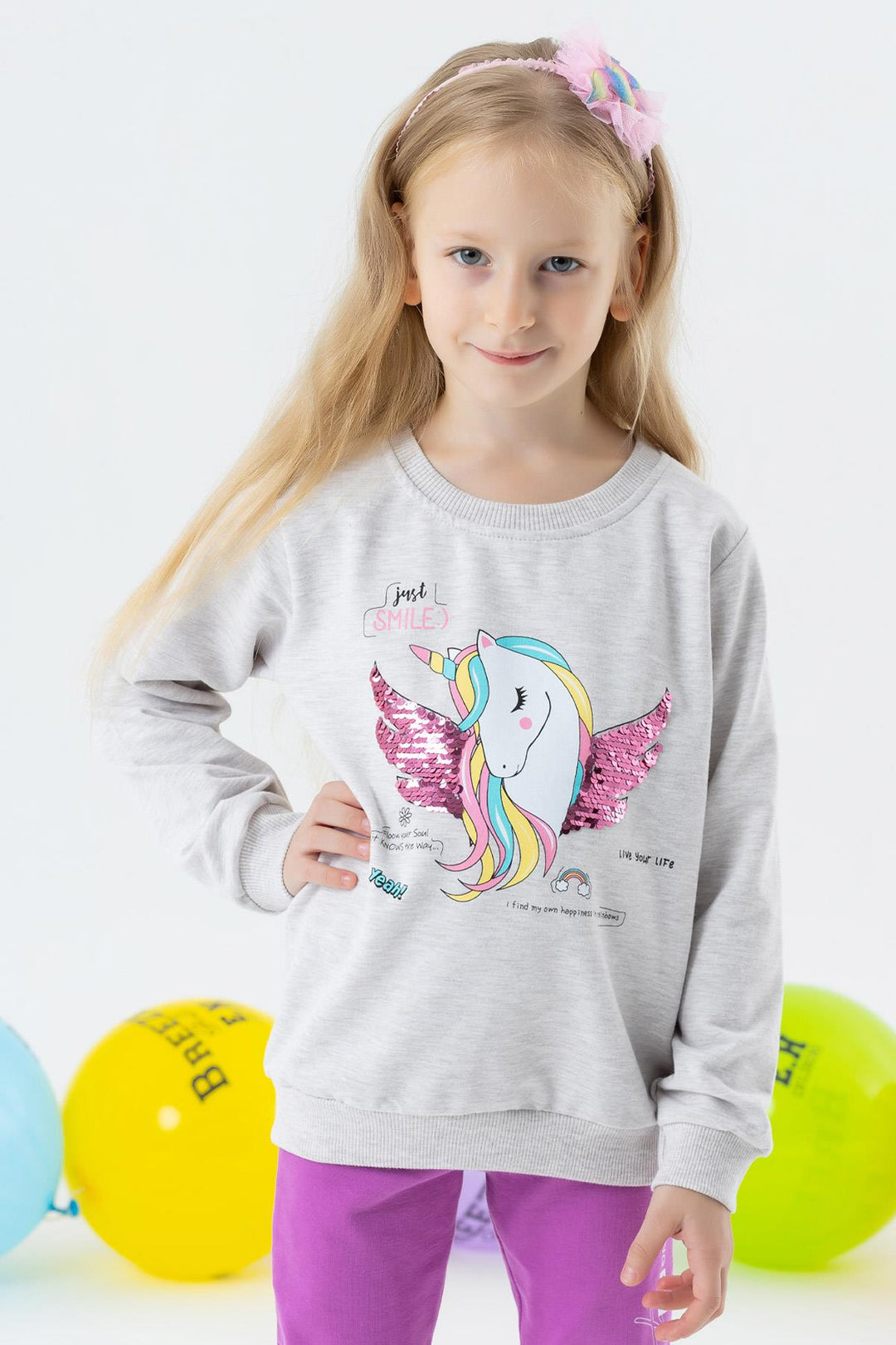 BRE Breeze Girl Child Sweatshirt Unicorn Printed 2-6 Years, Gray Melange - Chatham