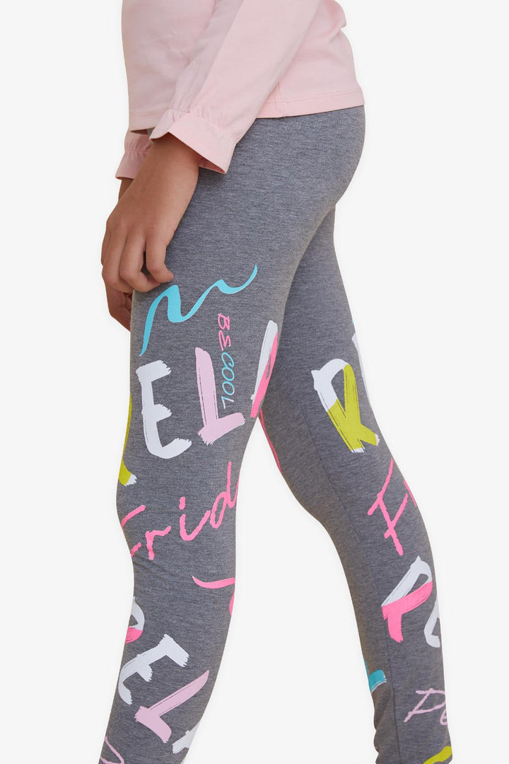 BRE Breeze Girl's Leggings Colorful Printed with Writing 84 Years, Grey Melange - Auburn