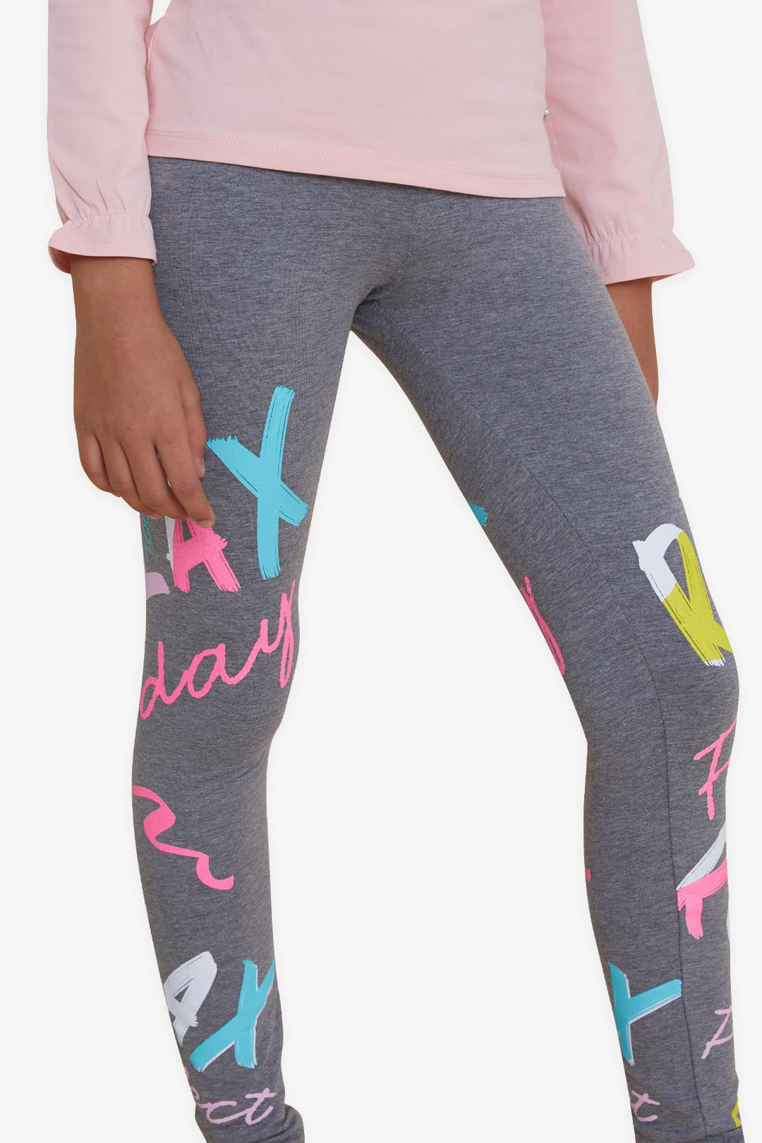 BRE Breeze Girl's Leggings Colorful Printed with Writing 84 Years, Grey Melange - Auburn