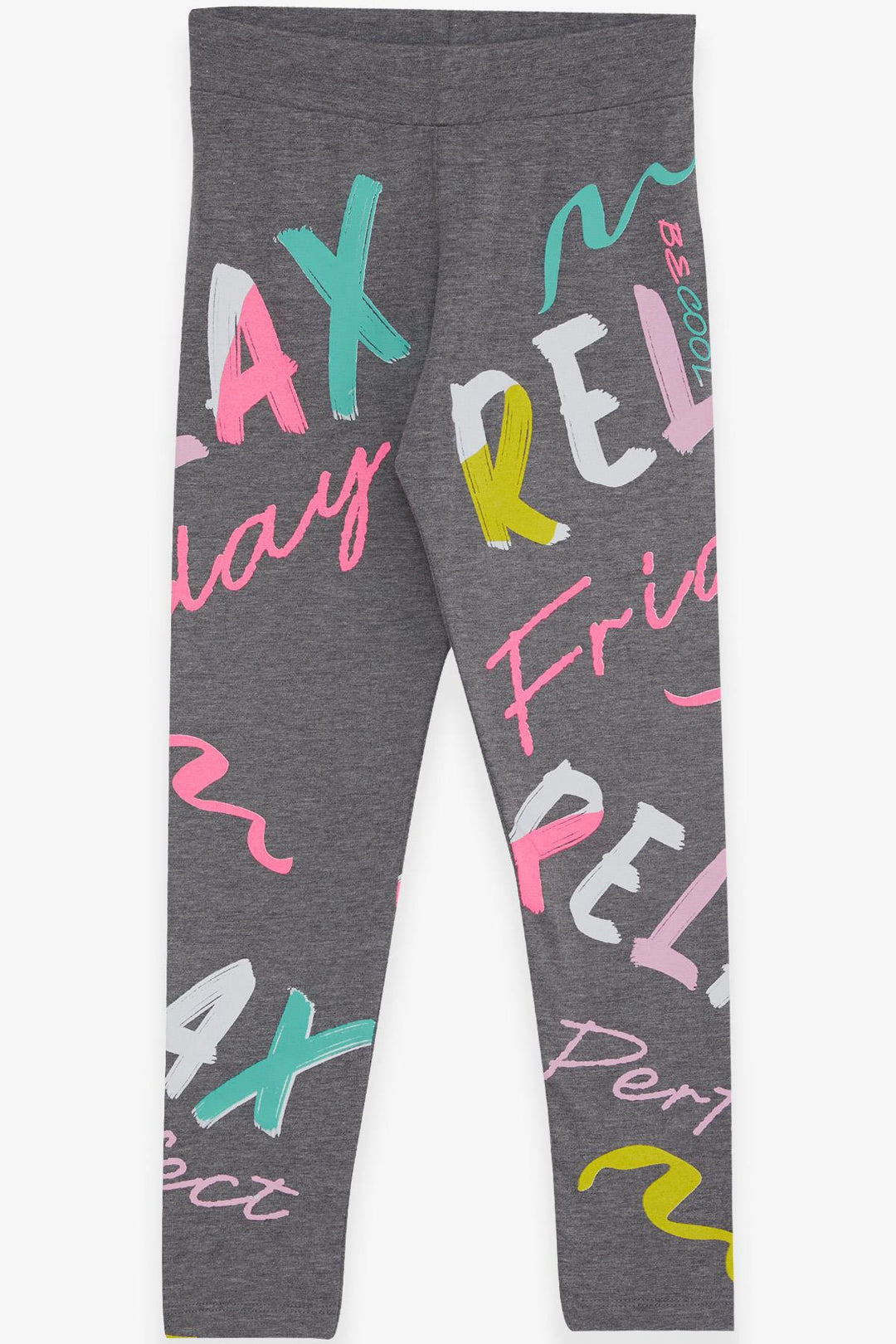 BRE Breeze Girl's Leggings Colorful Printed with Writing 84 Years, Grey Melange - Auburn