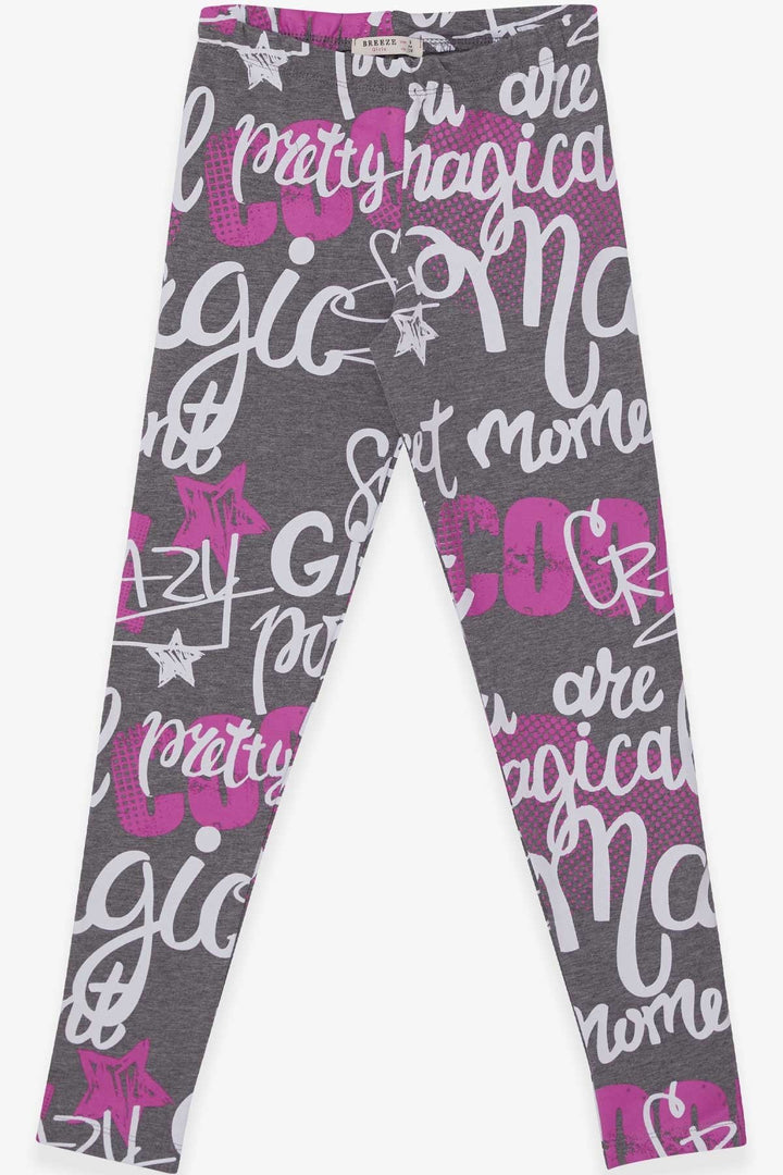 BRE Breeze Girl's Leggings with Printed Writing, 94 Years, Grey Melange - Weston