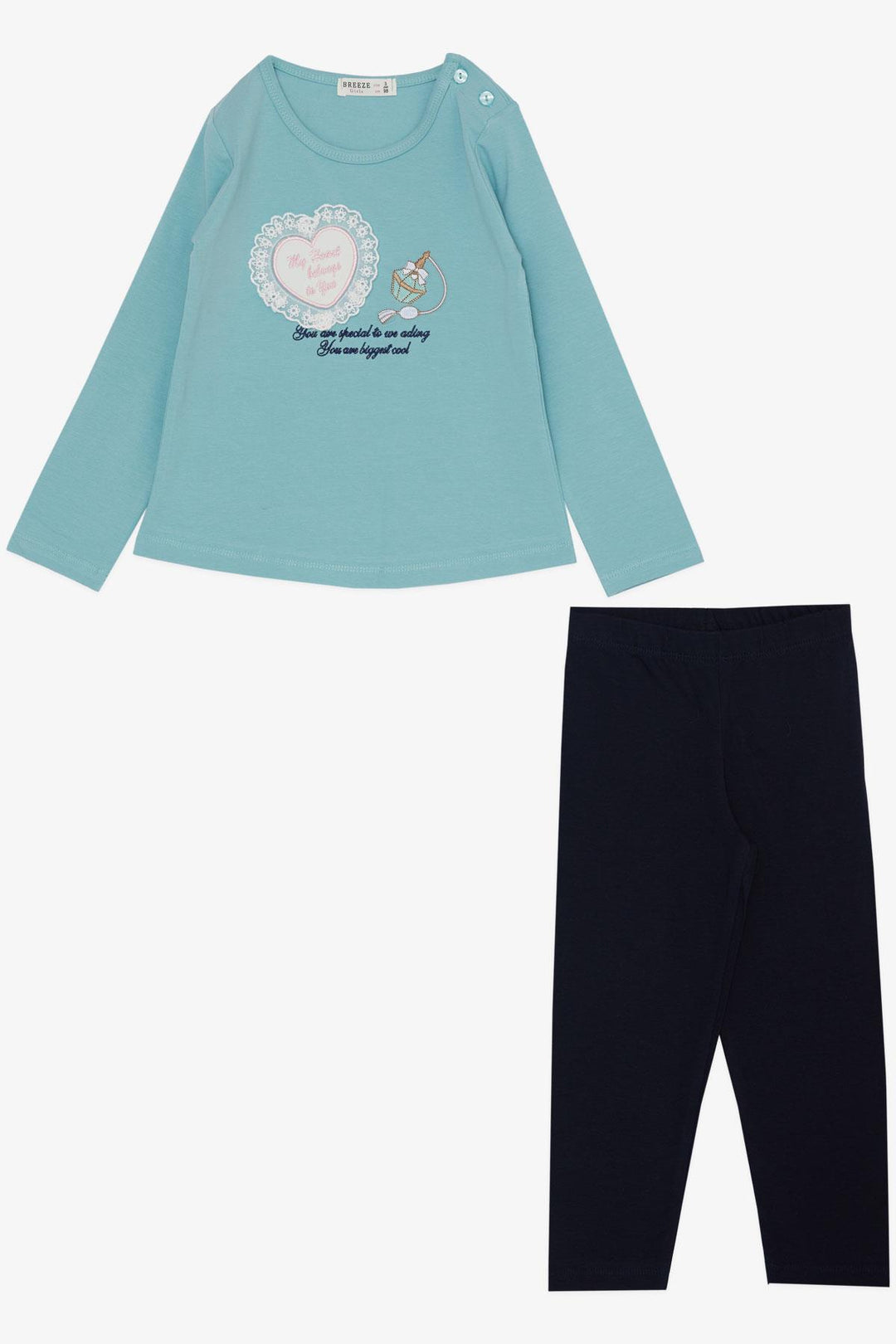 BRE Breeze Girl Child Leggings Set Perfume Bottle Embroidered Lace Heart Printed 1.5-5 Years, Aqua Green - Wellington