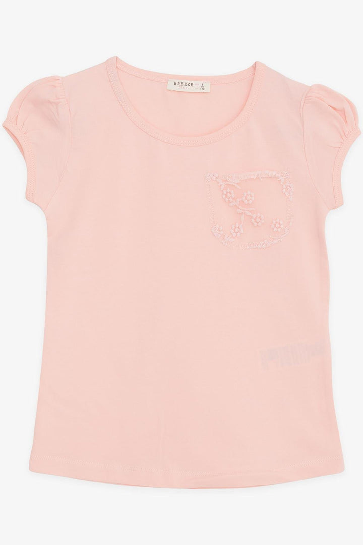 Футболка для футболки Breeze Girl Pocket Tulse вышита 4-9 лет, лосось