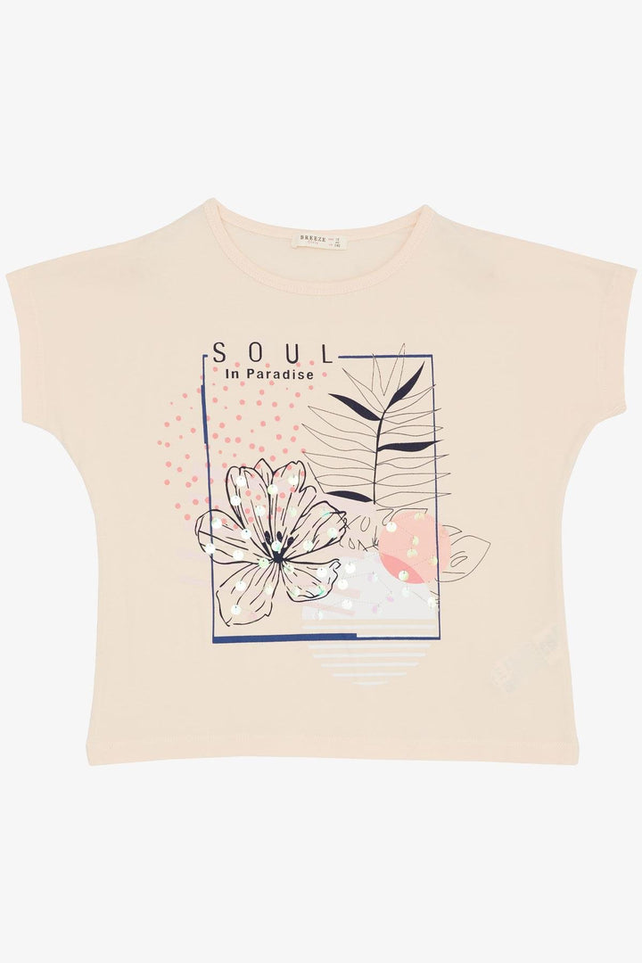 BRE Breeze Girl's T-shirt with Flower Print Sequins 106 Years, Powder - Pioltello