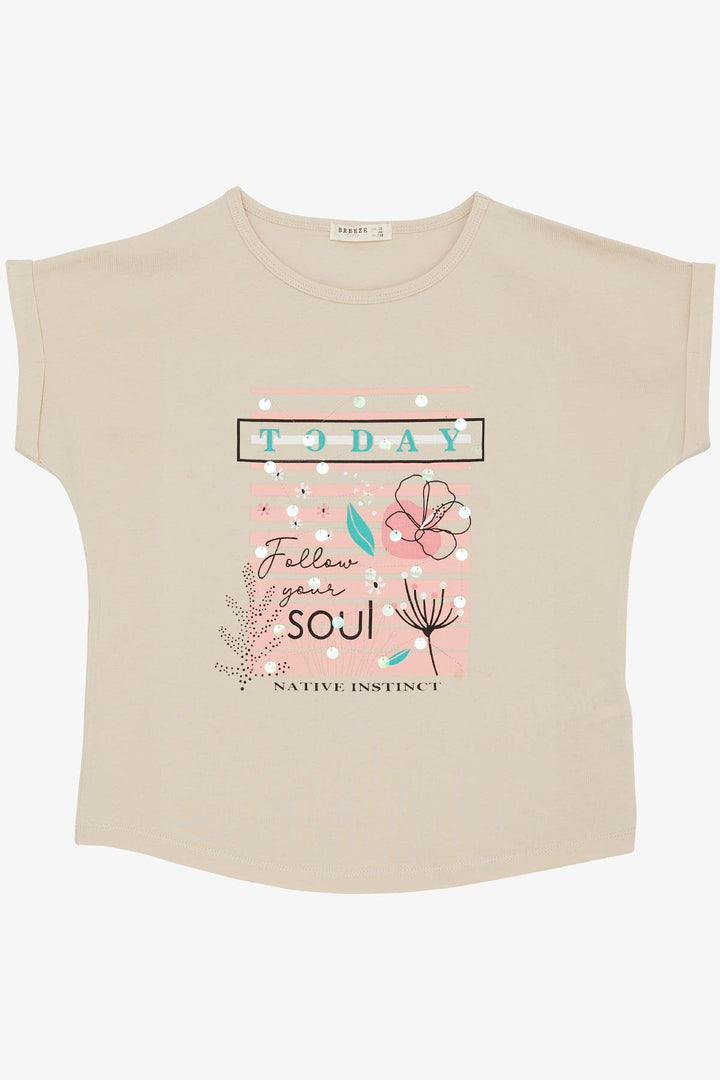 Футболка для футболки Breeze Girl Flower & Text Print Print 94 года, бежевый - Мичиган -Сити