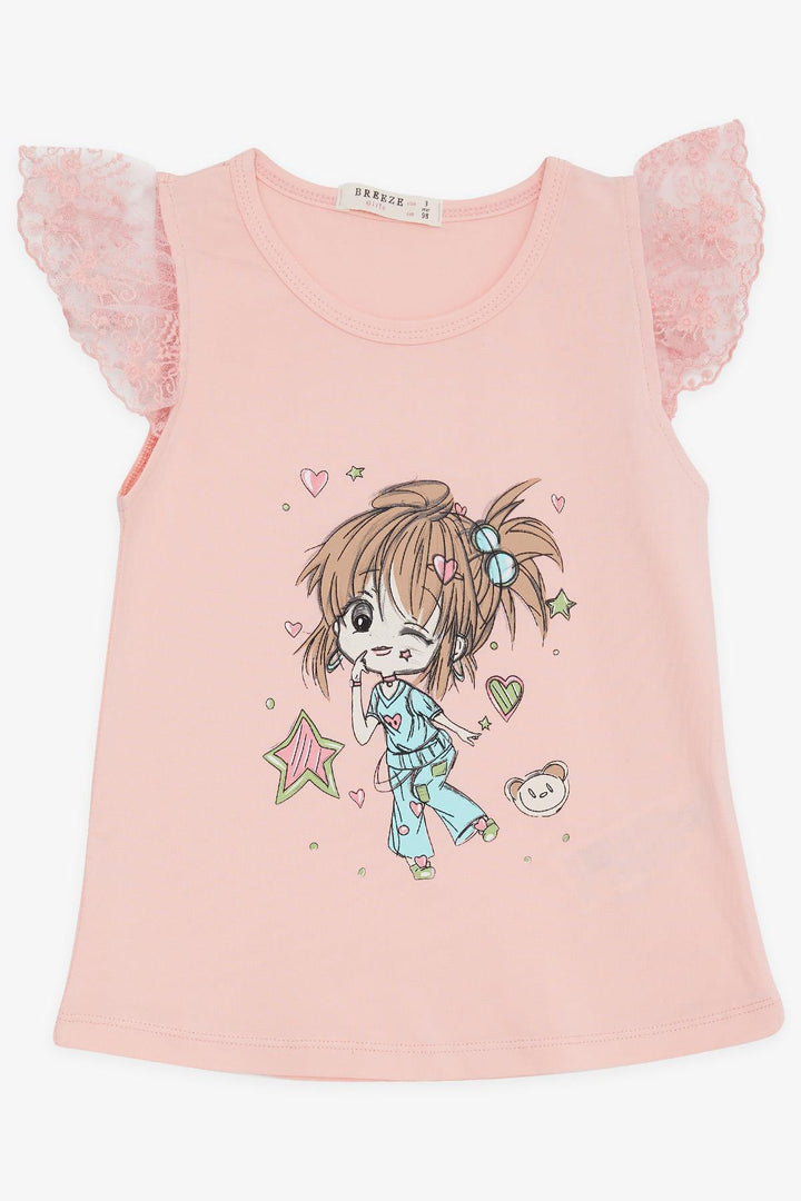 BRE Breeze Girl's T-shirt Crazy Girl Printed Sleeves Embroidered Lace 1.5-5 Years, Salmon - Daytona Beach