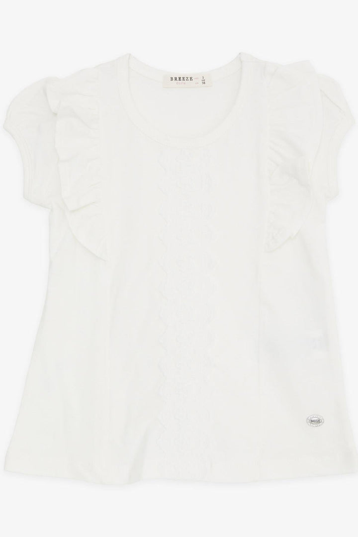 BRE Breeze Girl's T-Shirt with Ruffled Lace Embroidery, 3-8 Years, Ecru - Evesham