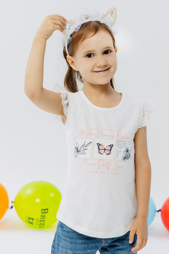 BRE Breeze Girl's T-shirt with Puff Sleeve Embroidered Butterfly Print 1.5-5 Years, Ecru - Forlì