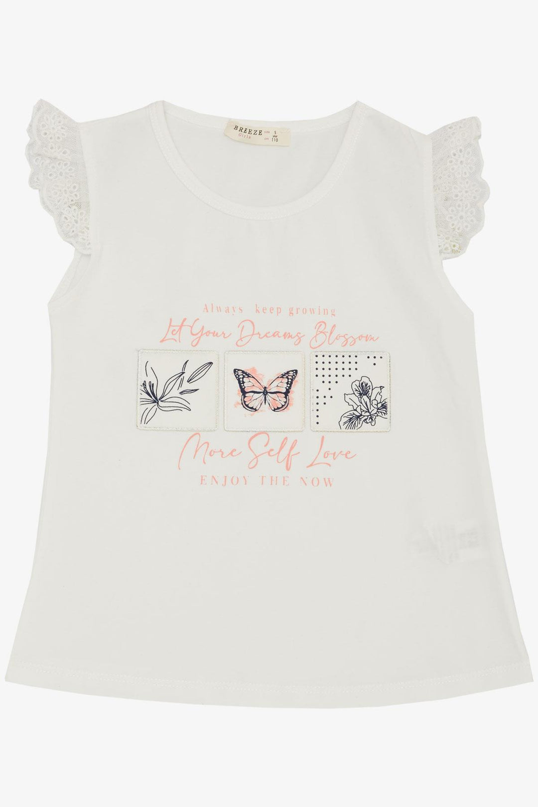 BRE Breeze Girl's T-shirt with Puff Sleeve Embroidered Butterfly Print 1.5-5 Years, Ecru - Forlì