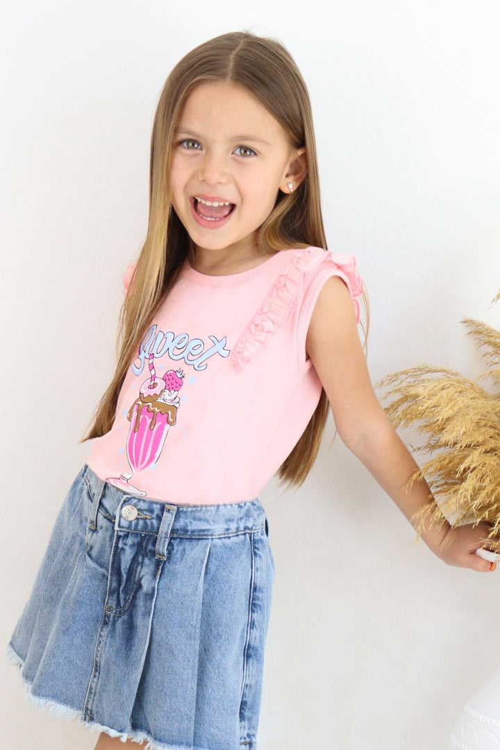 BRE Breeze Girl's T-Shirt with Ruffled Shoulders Ice Cream Printed 4-8 Years, Pink - Lacey