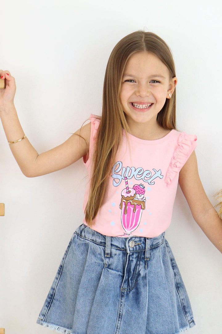 BRE Breeze Girl's T-Shirt with Ruffled Shoulders Ice Cream Printed 4-8 Years, Pink - Lacey