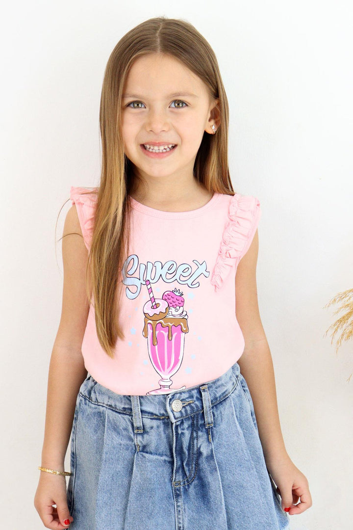 BRE Breeze Girl's T-Shirt with Ruffled Shoulders Ice Cream Printed 4-8 Years, Pink - Lacey