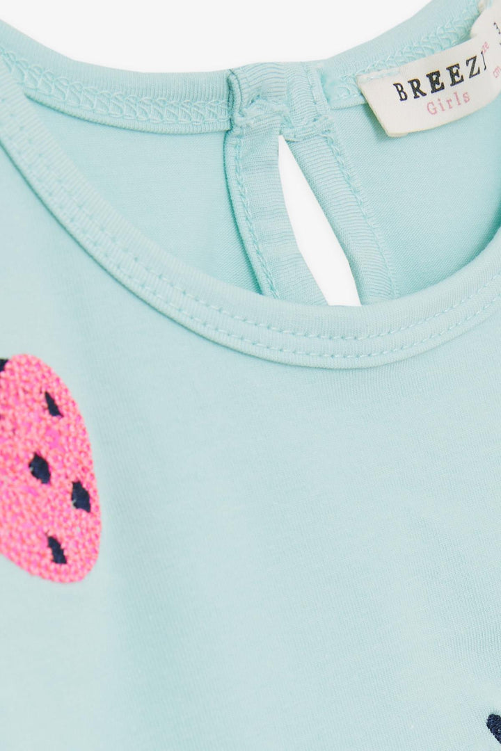 BRE Breeze Girl's T-Shirt with Sequined Colorful Strawberry Print, 1.5-5 Years, Aqua Green - Nashville