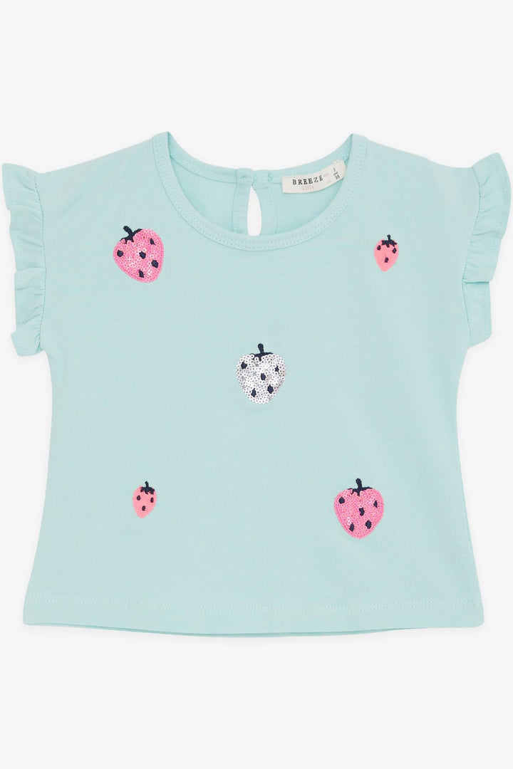 BRE Breeze Girl's T-Shirt with Sequined Colorful Strawberry Print, 1.5-5 Years, Aqua Green - Nashville