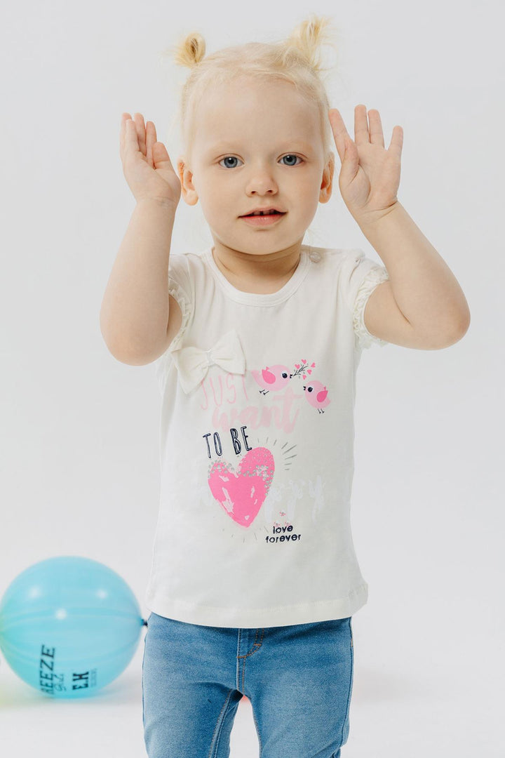 BRE Breeze Girl's T-Shirt Cute Bird Printed Heart 1-4 Years, Ecru - Palaió Fáliro