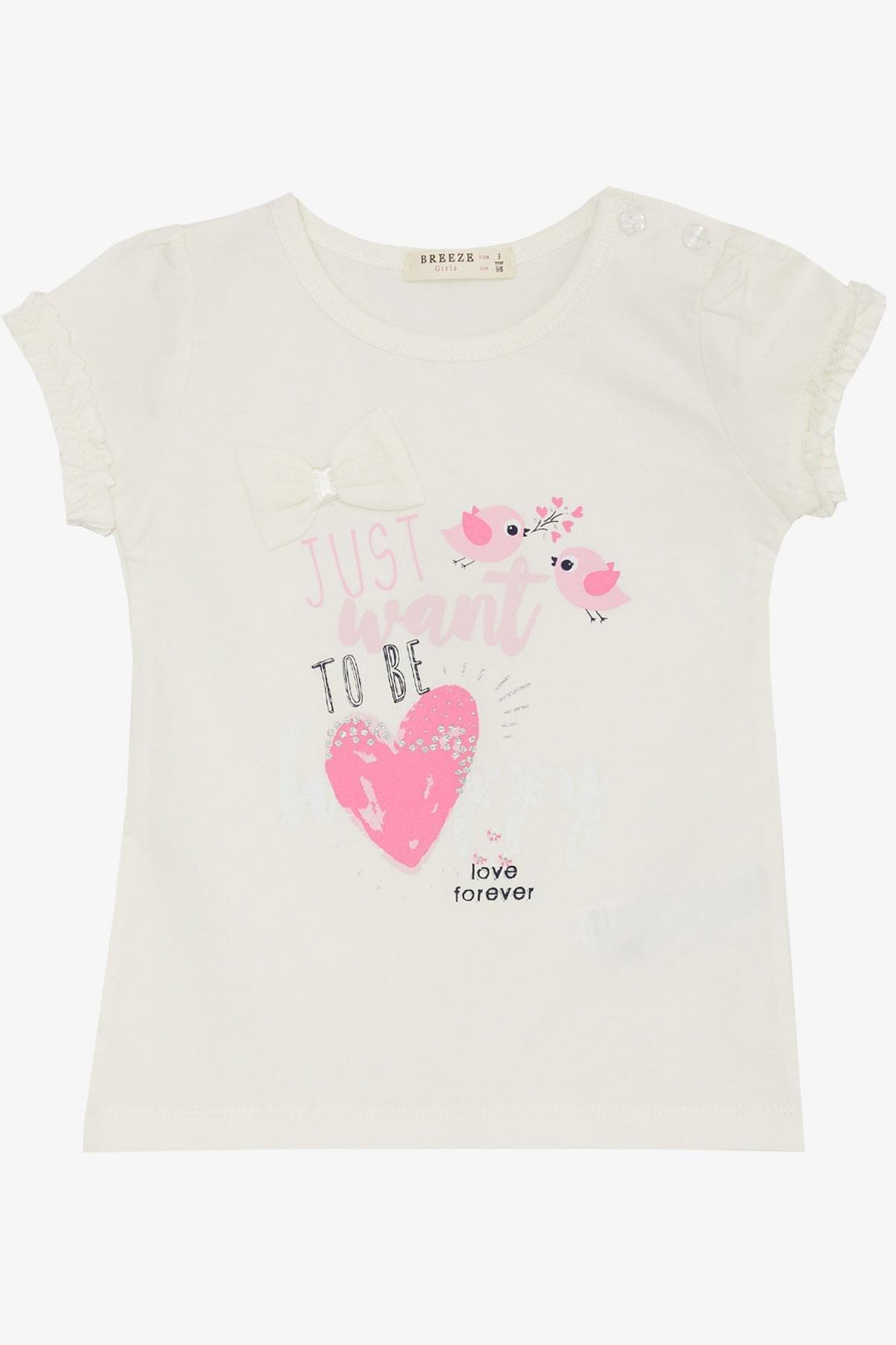 BRE Breeze Girl's T-Shirt Cute Bird Printed Heart 1-4 Years, Ecru - Palaió Fáliro